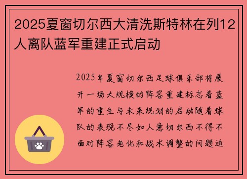 2025夏窗切尔西大清洗斯特林在列12人离队蓝军重建正式启动